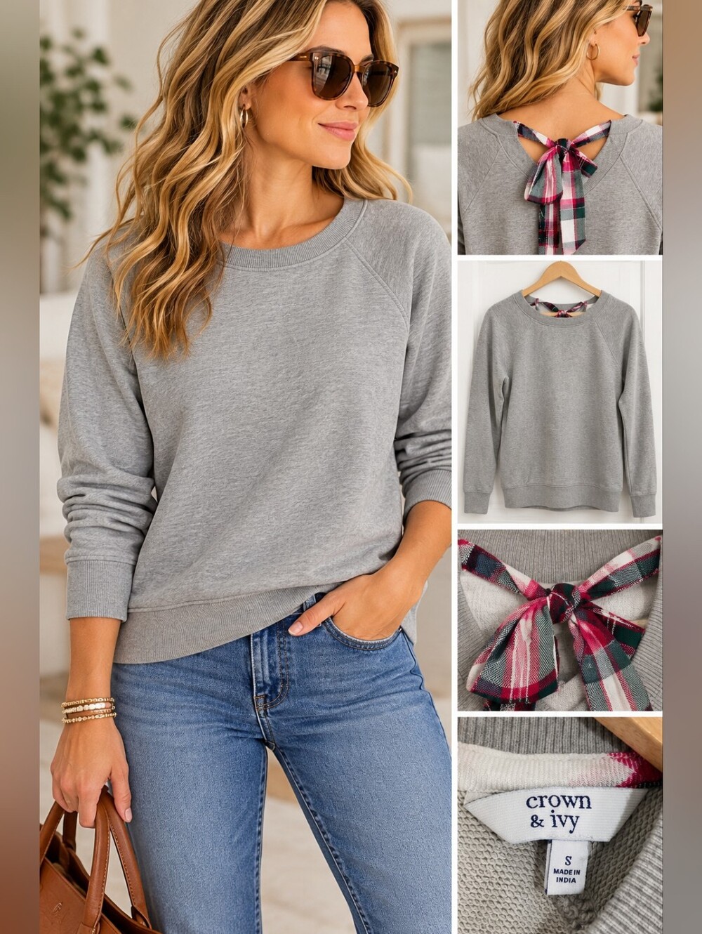 Crown & Ivy Gray Plaid Bow Back Sweatshirt Size Small